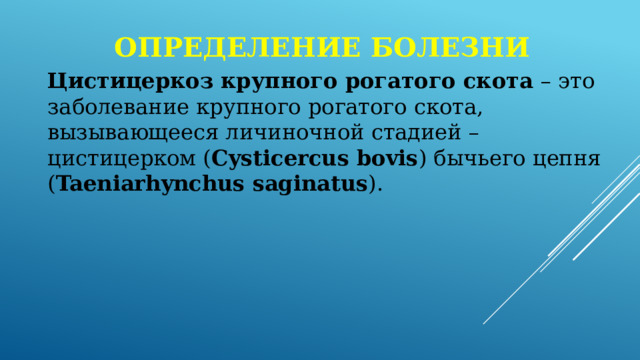 Определение болезни Цистицеркоз крупного рогатого скота – это заболевание крупного рогатого скота, вызывающееся личиночной стадией – цистицерком ( Cysticercus bovis ) бычьего цепня ( Taeniarhynchus saginatus ). 