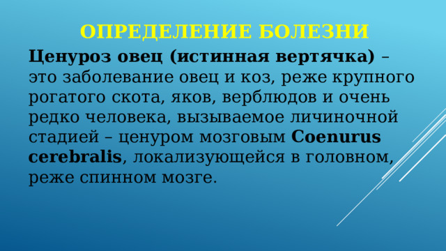 Определение болезни Ценуроз овец (истинная вертячка) – это заболевание овец и коз, реже крупного рогатого скота, яков, верблюдов и очень редко человека, вызываемое личиночной стадией – ценуром мозговым Coenurus cerebralis , локализующейся в головном, реже спинном мозге . 