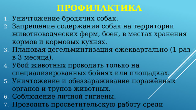 профилактика Уничтожение бродячих собак. Запрещение содержания собак на территории животноводческих ферм, боен, в местах хранения кормов и кормовых кухнях. Плановая дегельминтизация ежеквартально (1 раз в 3 месяца). Убой животных проводить только на специализированных бойнях или площадках. Уничтожение и обеззараживание поражённых органов и трупов животных. Соблюдение личной гигиены. Проводить просветительскую работу среди населения или с работниками животноводства. 