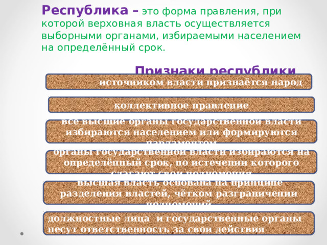 Республика –  это форма правления, при которой верховная власть осуществляется выборными органами, избираемыми населением на определённый срок.  Признаки республики источником власти признаётся народ источником власти признаётся народ источником власти признаётся народ источником власти признаётся народ коллективное правление все высшие органы государственной власти избираются населением или формируются парламентом органы государственной власти избираются на определённый срок, по истечении которого слагают свои полномочия  высшая власть основана на принципе разделения властей, чётком разграничении полномочий должностные лица и государственные органы несут ответственность за свои действия 