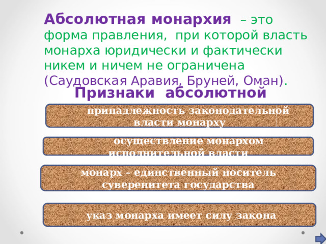 Абсолютная монархия  – это форма правления, при которой власть монарха юридически и фактически никем и ничем не ограничена (Саудовская Аравия, Бруней, Оман) .  Признаки абсолютной монархии  принадлежность законодательной власти монарху  осуществление монархом исполнительной власти монарх – единственный носитель суверенитета государства  указ монарха имеет силу закона 