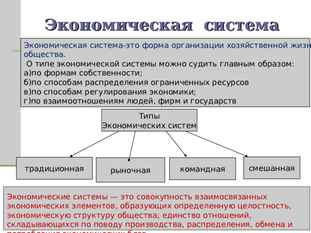 Экономическая система Экономическая система-это форма организации хозяйственной жизни общества.  О типе экономической системы можно судить главным образом: а)по формам собственности; б)по способам распределения ограниченных ресурсов в)по способам регулирования экономики; г)по взаимоотношениям людей, фирм и государств Типы Экономических систем смешанная традиционная рыночная командная Экономические системы — это совокупность взаимосвязанных экономических элементов, образующих определенную целостность, экономическую структуру общества; единство отношений, складывающихся по поводу производства, распределения, обмена и потребления экономических благ. 