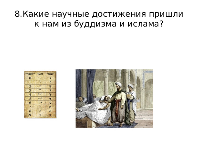 8.Какие научные достижения пришли к нам из буддизма и ислама? 