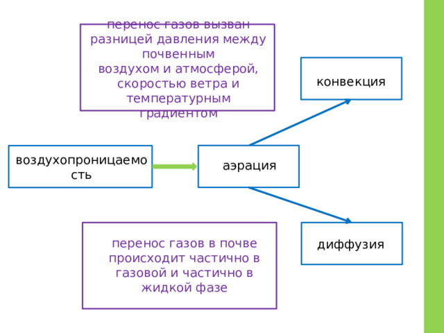 перенос газов вызван разницей давления между почвенным воздухом и атмосферой, скоростью ветра и температурным градиентом конвекция аэрация воздухопроницаемость перенос газов в почве происходит частично в газовой и частично в жидкой фазе диффузия 
