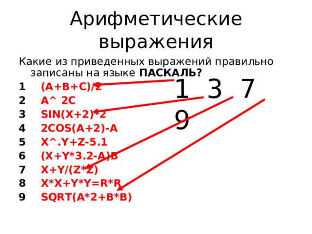 Какие из приведенных выражений правильно записаны на языке ПАСКАЛЬ? 1 (A+B+C)/2 2 A^ 2C 3 SIN(X+2)*2 4 2COS(A+2)-A 5 X^.Y+Z-5.1 6 (X+Y*3.2-A)B 7 X+Y/(Z*Z) 8 X*X+Y*Y=R*R 9 SQRT(A*2+B*B) 1 3 7 9 