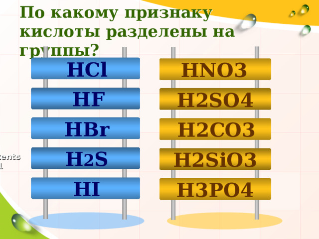 По какому признаку  кислоты разделены на группы?  HCl HNO 3   HF H 2 SO 4 Design Inc.  HBr  H 2 CO 3  H 2 S H 2 SiO 3 Contents 1 Contents 2  HI H 3 PO 4 