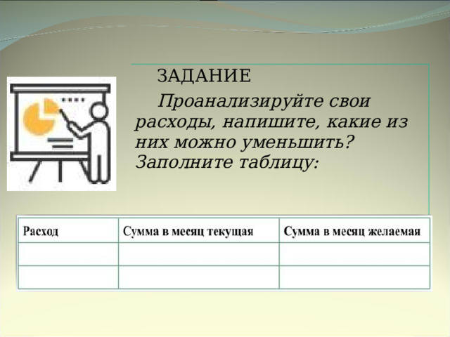 ЗАДАНИЕ Проанализируйте свои расходы, напишите, какие из них можно уменьшить? Заполните таблицу: 