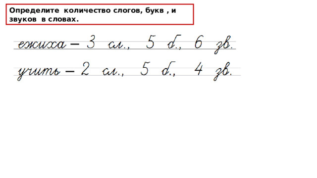 Определите количество слогов, букв , и звуков в словах. 