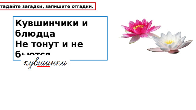 Отгадайте загадки, запишите отгадки. Кувшинчики и блюдца  Не тонут и не бьются. 