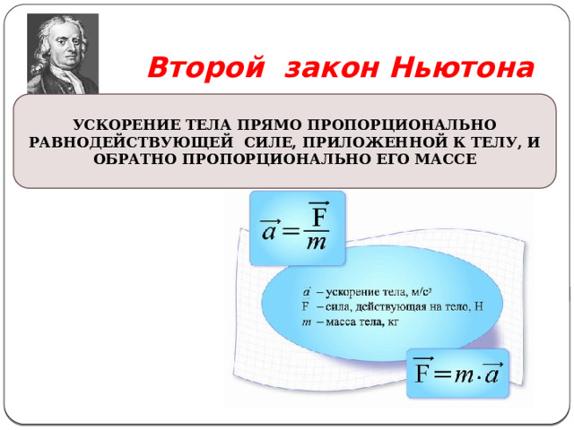 Второй закон Ньютона УСКОРЕНИЕ ТЕЛА ПРЯМО ПРОПОРЦИОНАЛЬНО РАВНОДЕЙСТВУЮЩЕЙ СИЛЕ, ПРИЛОЖЕННОЙ К ТЕЛУ, И ОБРАТНО ПРОПОРЦИОНАЛЬНО ЕГО МАССЕ . 