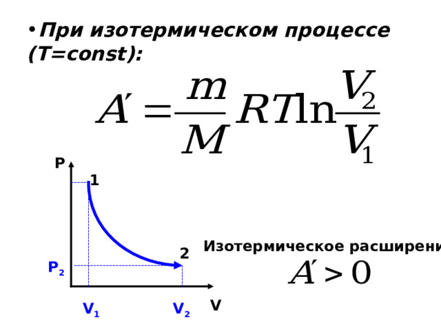 При изотермическом процессе (Т= const) : P 1 Изотермическое расширение 2 Р 2 V V 1 V 2 