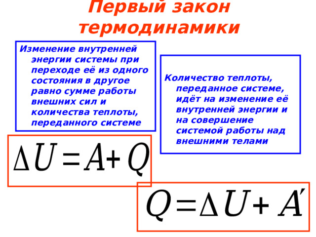 Первый закон термодинамики Изменение внутренней энергии системы при переходе её из одного состояния в другое равно сумме работы внешних сил и количества теплоты, переданного системе   Количество теплоты, переданное системе, идёт на изменение её внутренней энергии и на совершение системой работы над внешними телами 
