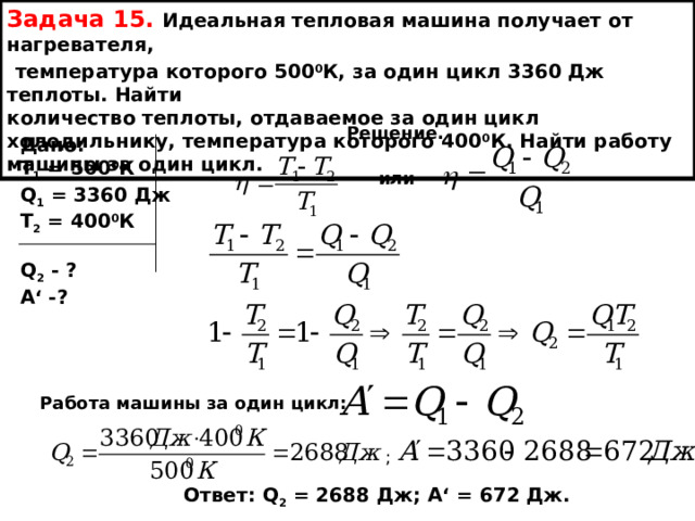 Задача 15.  Идеальная тепловая машина получает от нагревателя,  температура которого 500 0 К, за один цикл 3360 Дж теплоты. Найти количество теплоты, отдаваемое за один цикл холодильнику, температура которого 400 0 К. Найти работу машины за один цикл. Решение. Дано: Т 1 = 500 0 К Q 1 = 3360 Дж Т 2 = 400 0 К  Q 2 - ? A ‘ -?  или Работа машины за один цикл: ; Ответ: Q 2 = 2688 Дж; А ‘ = 672 Дж. 