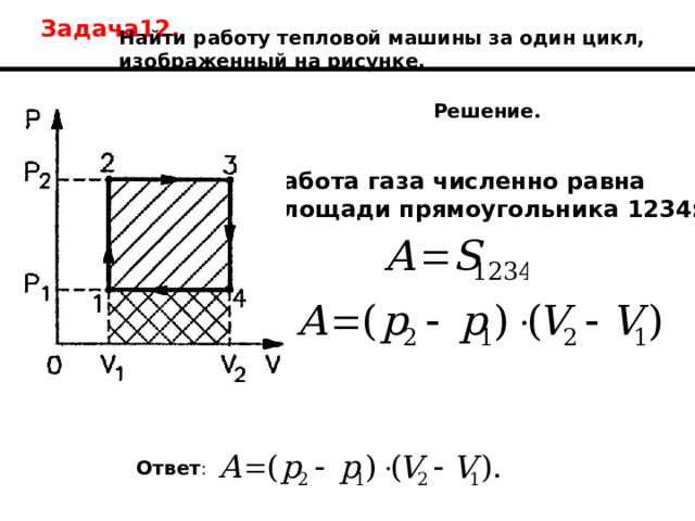 Задача12. Найти работу тепловой машины за один цикл, изображенный на рисунке. Решение. Работа газа численно равна площади прямоугольника 1234: Ответ : 