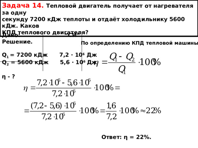 Задача 14.  Тепловой двигатель получает от нагревателя за одну секунду 7200 кДж теплоты и отдаёт холодильнику 5600 кДж. Каков КПД теплового двигателя? Дано: “ СИ ” Решение.   Q 1 = 7200 кДж 7,2 ∙ 10 6 Дж Q 2 = 5600 кДж 5,6 ∙ 10 6 Дж  η - ?  По определению КПД тепловой машины: Ответ: η = 22%. 