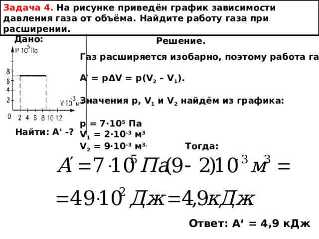 Задача 4. На рисунке приведён график зависимости давления газа от объёма. Найдите работу газа при расширении. Дано: Решение. Газ расширяется изобарно, поэтому работа газа:  А ' = p Δ V = p(V 2 – V 1 ).  Значения р, V 1  и V 2 найдём из графика:  р = 7∙10 5 Па V 1 = 2∙10 -3 м 3 V 2 = 9∙10 -3  м 3. Тогда: Найти: А ' -? Ответ: А ‘ = 4,9 кДж 