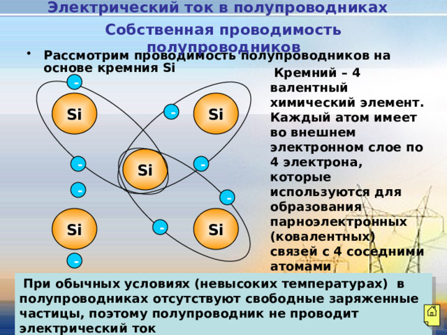 Электрический ток в полупроводниках  Собственная проводимость полупроводников Рассмотрим проводимость полупроводников на основе кремния Si   Кремний – 4 валентный химический элемент. Каждый атом имеет во внешнем электронном слое по 4 электрона, которые используются для образования парноэлектронных (ковалентных) связей с 4 соседними атомами - Si Si - Si - - - - Si Si - -  При обычных условиях (невысоких температурах) в полупроводниках отсутствуют свободные заряженные частицы, поэтому полупроводник не проводит электрический ток 