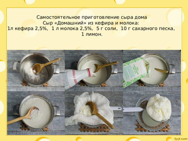 Самостоятельное приготовление сыра дома  Сыр «Домашний» из кефира и молока:    1л кефира 2,5%, 1 л молока 2,5%, 5 г соли, 10 г сахарного песка, 1 лимон. 