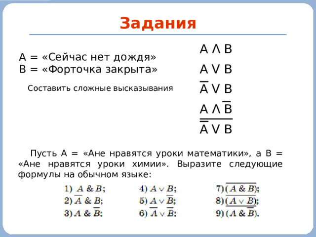 Задания A Λ B A V B A V B A Λ B A V B А = «Сейчас нет дождя» В = «Форточка закрыта» Составить сложные высказывания Пусть А = «Ане нравятся уроки математики», а В = «Ане нравятся уроки химии». Выразите следующие формулы на обычном языке: 2010 г.  