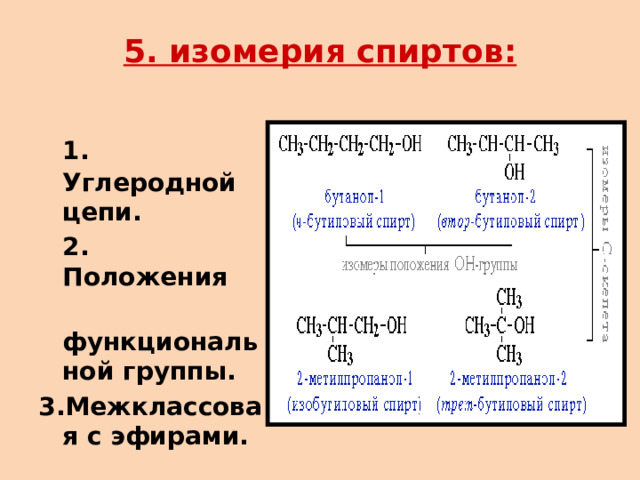 5. изомерия спиртов:  1. Углеродной цепи.  2. Положения  функциональной группы. 3.Межклассовая с эфирами. 