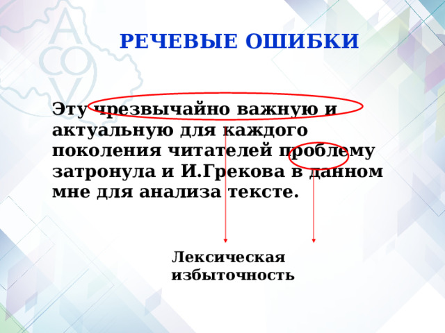 РЕЧЕВЫЕ ОШИБКИ Эту чрезвычайно важную и актуальную для каждого поколения читателей проблему затронула и И.Грекова в данном мне для анализа тексте. Лексическая избыточность 