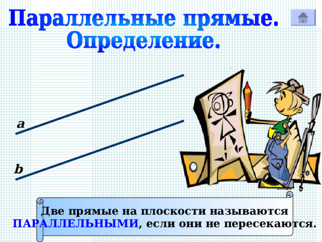 а b Две прямые на плоскости называются ПАРАЛЛЕЛЬНЫМИ , если они не пересекаются. 