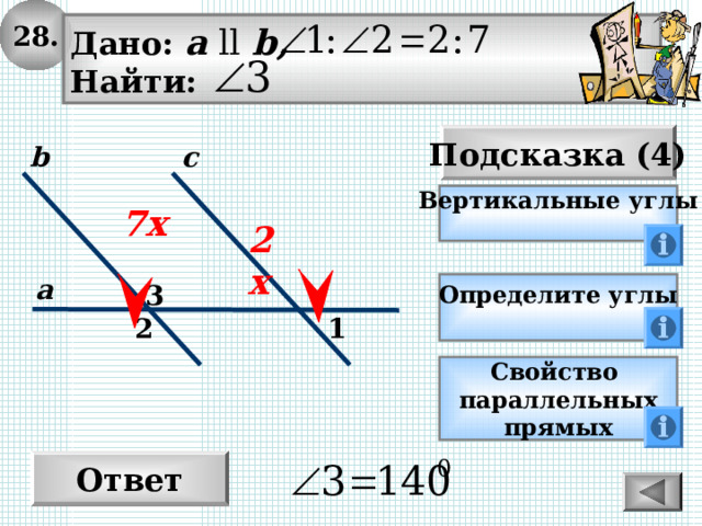 28. Дано: а  ll  b , Найти: Подсказка (4) с b Вертикальные углы  7х 2х а 3 Определите углы  2 1 Свойство параллельных прямых Ответ 
