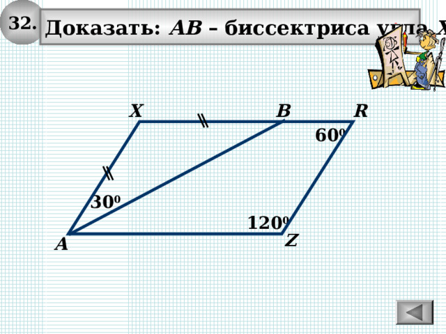 32. Доказать: АВ – биссектриса угла XAZ  В R X 6 0 0 3 0 0 120 0 Z А 