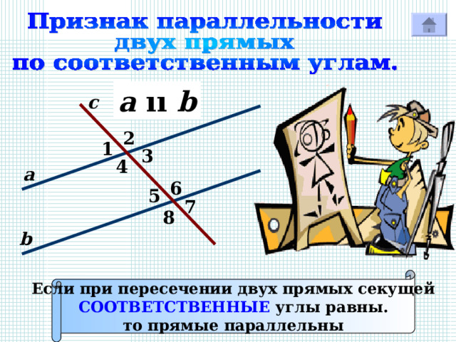 a  ıı b с 2 1 3 4 а 6 5 7 Р 8 b Если при пересечении двух прямых секущей СООТВЕТСТВЕННЫЕ углы равны. то прямые параллельны 