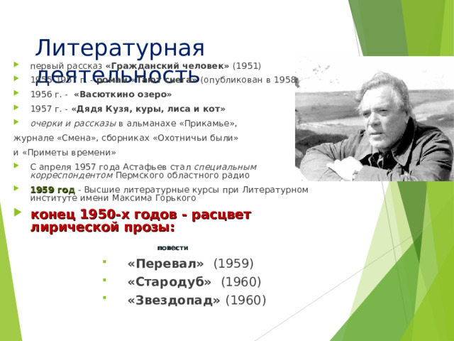 Литературная деятельность первый рассказ «Гражданский человек» (1951) 1955-1957 г. - роман «Тают снега» (опубликован в 1958 г.) 1956 г. - «Васюткино озеро» 1957 г. - «Дядя Кузя, куры, лиса и кот» очерки и рассказы в альманахе «Прикамье», журнале «Смена», сборниках «Охотничьи были» и «Приметы времени» С апреля 1957 года Астафьев стал специальным корреспондентом Пермского областного радио 1959 год - Высшие литературные курсы при Литературном институте имени Максима Горького конец 1950-х годов - расцвет лирической прозы:     повести «Перевал» (1959) «Стародуб» (1960) «Звездопад» (1960) «Перевал» (1959) «Стародуб» (1960) «Звездопад» (1960) «Перевал» (1959) «Стародуб» (1960) «Звездопад» (1960) «Перевал» (1959) «Стародуб» (1960) «Звездопад» (1960) «Перевал» (1959) «Стародуб» (1960) «Звездопад» (1960) 