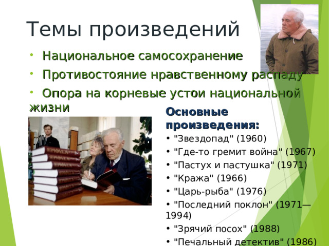 Темы произведений  Национальное самосохранение  Противостояние нравственному распаду  Опора на корневые устои национальной жизни Основные произведения:  