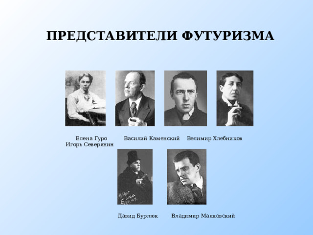 ПРЕДСТАВИТЕЛИ ФУТУРИЗМА  Елена Гуро Василий Каменский Велимир Хлебников Игорь Северянин Представители футуризма Давид Бурлюк Владимир Маяковский 