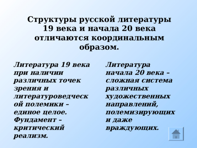 Структуры русской литературы  19 века и начала 20 века отличаются координальным образом. Литература 19 века при наличии различных точек зрения и литературоведческой полемики – единое целое. Фундамент – критический реализм. Литература начала 20 века – сложная система различных художественных направлений, полемизирующих и даже враждующих. Отличия от литературы 19 века  
