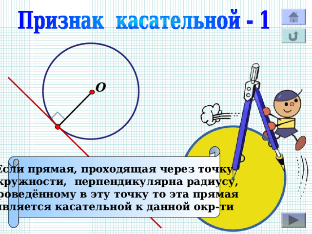 О Если прямая, проходящая через точку окружности, перпендикулярна радиусу, проведённому в эту точку то эта прямая является касательной к данной окр-ти 