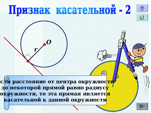 О r Если расстояние от центра окружности до некоторой прямой равно радиусу окружности, то эта прямая является касательной к данной окружности 