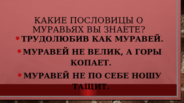 Какие пословицы о муравьях вы знаете? Трудолюбив как муравей. Муравей не велик, а горы копает. Муравей не по себе ношу тащит. 