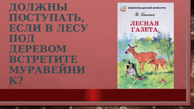Как вы должны поступать, если в лесу под деревом встретите муравейник? 