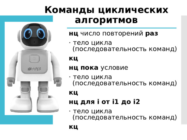 Команды циклических алгоритмов нц число повторений раз · тело цикла (последовательность команд) кц нц пока условие · тело цикла (последовательность команд) кц нц для i от i1 до i2 · тело цикла (последовательность команд) кц 