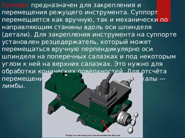 Суппорт предназначен для закрепления и перемещения режущего инструмента. Суппорт перемещается как вручную, так и механически по направляющим станины вдоль оси шпинделя (детали). Для закрепления инструмента на суппорте установлен резцедержатель, который может перемещаться вручную перпендикулярно оси шпинделя на поперечных салазках и под некоторым углом к ней на верхних салазках. Это нужно для обработки конических поверхностей. Для отсчёта перемещений предусмотрены круговые шкалы — лимбы. 