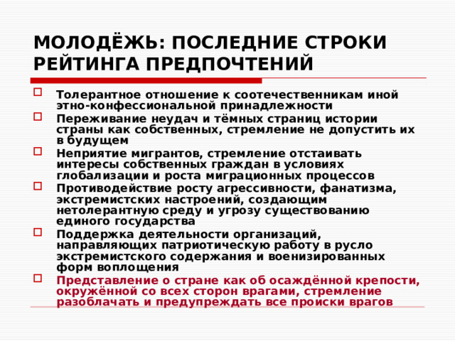 МОЛОДЁЖЬ: ПОСЛЕДНИЕ СТРОКИ РЕЙТИНГА ПРЕДПОЧТЕНИЙ Толерантное отношение к соотечественникам иной этно-конфессиональной принадлежности Переживание неудач и тёмных страниц истории страны как собственных, стремление не допустить их в будущем Неприятие мигрантов, стремление отстаивать интересы собственных граждан в условиях глобализации и роста миграционных процессов Противодействие росту агрессивности, фанатизма, экстремистских настроений, создающим нетолерантную среду и угрозу существованию единого государства Поддержка деятельности организаций, направляющих патриотическую работу в русло экстремистского содержания и военизированных форм воплощения Представление о стране как об осаждённой крепости, окружённой со всех сторон врагами, стремление разоблачать и предупреждать все происки врагов  