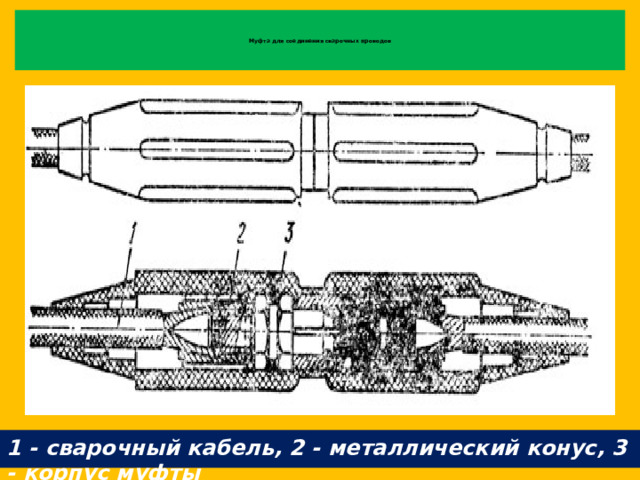    Муфта для соединения сварочных проводов        1 - сварочный кабель, 2 - металлический конус, 3 - корпус муфты  