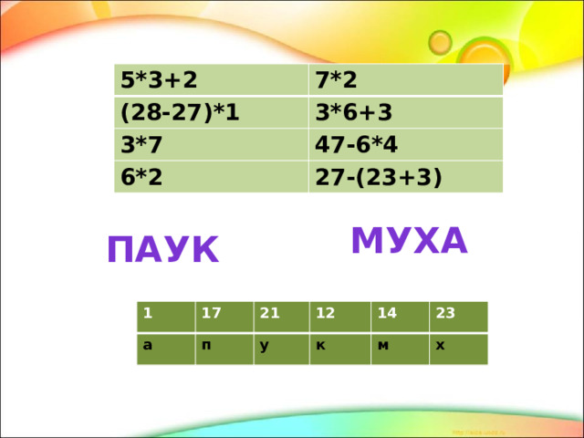 5*3+2 (28-27)*1 7*2 3*7 3*6+3 6*2 47-6*4 27-(23+3) муха паук 1 а 17 п 21 у 12 к 14 м 23 х 