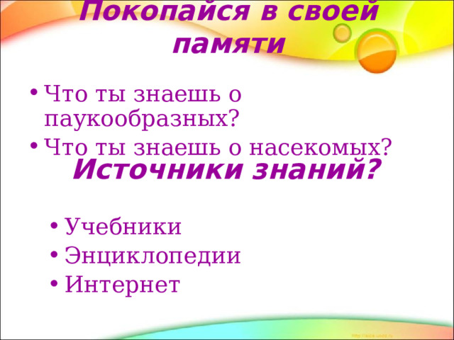 Покопайся в своей памяти   Что ты знаешь о паукообразных? Что ты знаешь о насекомых?  Источники знаний?   Учебники Энциклопедии Интернет 