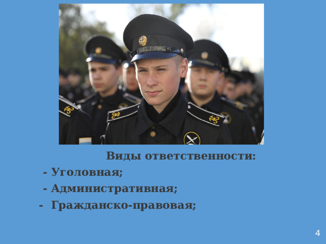 Виды ответственности:  - Уголовная;  - Административная; - Гражданско-правовая; 4 