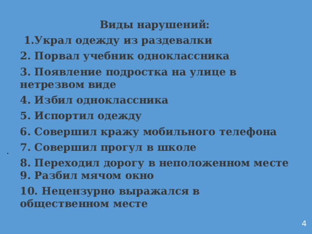 Виды нарушений:  1.Украл одежду из раздевалки 2. Порвал учебник одноклассника 3. Появление подростка на улице в нетрезвом виде 4. Избил одноклассника 5. Испортил одежду 6. Совершил кражу мобильного телефона 7. Совершил прогул в школе 8. Переходил дорогу в неположенном месте 9. Разбил мячом окно 10. Нецензурно выражался в общественном месте           . 4 