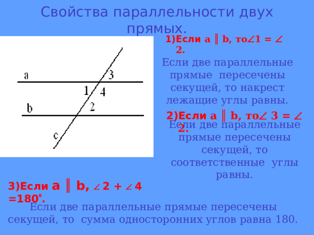 Свойства параллельных прямых о накрест лежащих углах чертеж