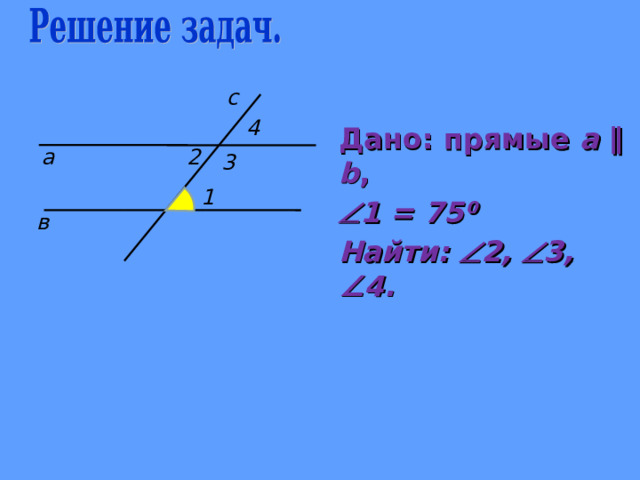 с 4 Дано: прямые a  ∥  b ,  1 = 75 ⁰ Найти:  2,  3, ∠4 .  а 2 3 1 в 