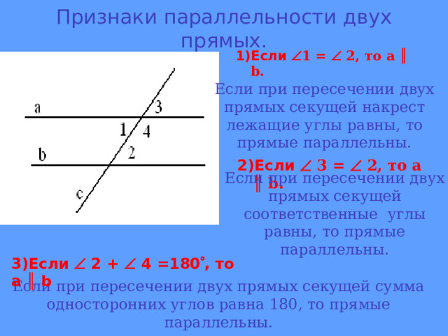 Признаки параллельности двух прямых. 1)Если  1 =  2, то а ║  b . Если при пересечении двух прямых секущей накрест лежащие углы равны, то прямые параллельны. 2)Если   3 =  2, то а ║  b . Если при пересечении двух прямых секущей соответственные углы равны, то прямые параллельны. 3)Если  2 +  4 =180  , то а ║  b Если при пересечении двух прямых секущей сумма односторонних углов равна 180, то прямые параллельны. 