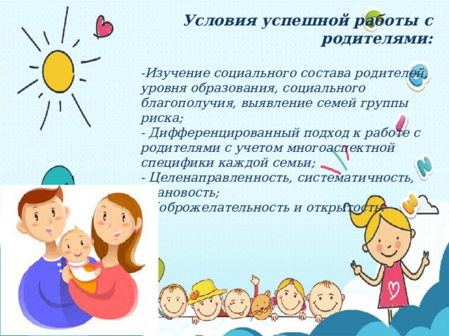 Условия успешной работы с родителями:  -Изучение социального состава родителей, уровня образования, социального благополучия, выявление семей группы риска; - Дифференцированный подход к работе с родителями с учетом многоаспектной специфики каждой семьи; - Целенаправленность, систематичность, плановость; - Доброжелательность и открытость. 