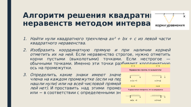 Алгоритм решения квадратных неравенств методом интервалов: Найти нули квадратного трехчлена ax² + bx + c из левой части квадратного неравенства. Изобразить координатную прямую и при наличии корней отметить их на ней. Если неравенство строгое, нужно отметить корни пустыми (выколотыми) точками. Если нестрогое — обычными точками. Именно эти точки разбивают координатную ось на промежутки. Определить, какие знаки имеют значения трех-  члена на каждом промежутке (если на первом шаге  нашли нули) или на всей числовой прямой (если ну-  лей нет) . И проставить над этими промежутками +  или − в соответствии с определенными знаками. 